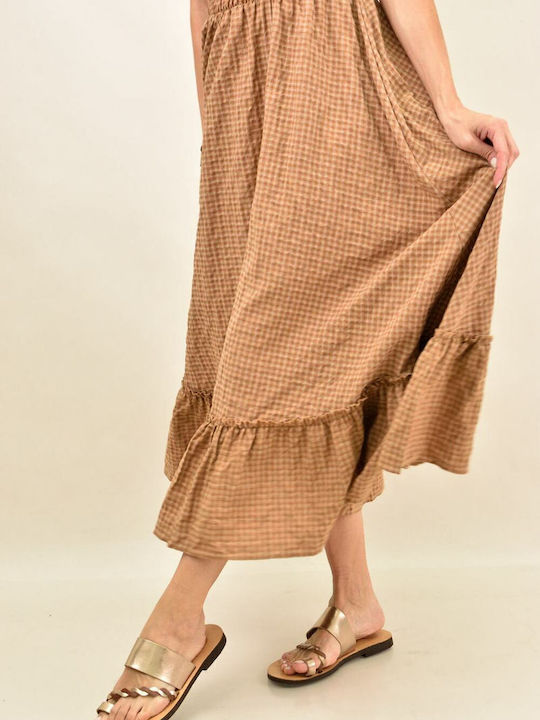High-waisted Midi Skirt Checked Tabac Brown