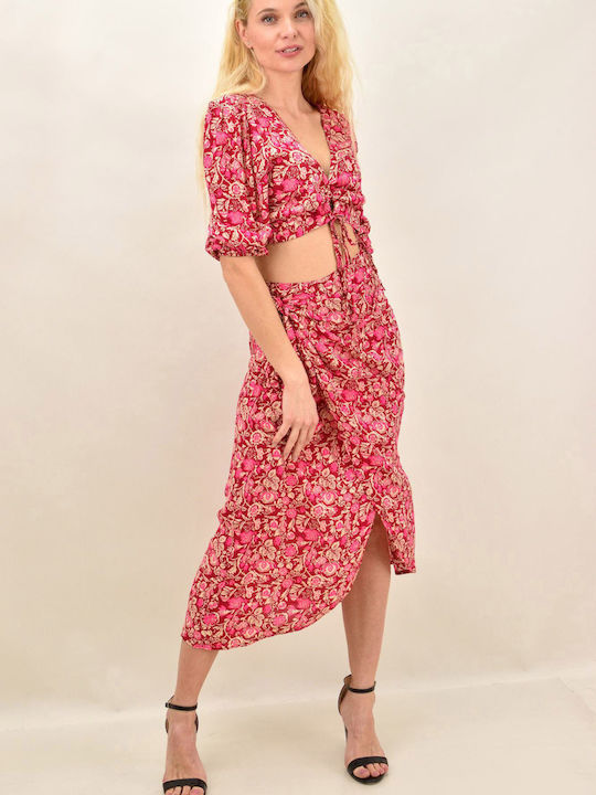 Potre Set with High Waist Midi Skirt Floral in Fuchsia color