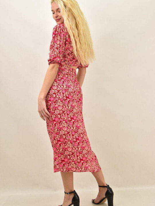 Σετ με Ψηλόμεση Midi Φούστα Floral Φούξια
