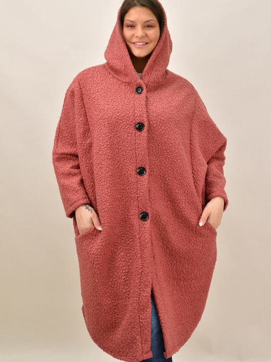 Potre Women's Curly Midi Coat with Buttons and Hood Pink