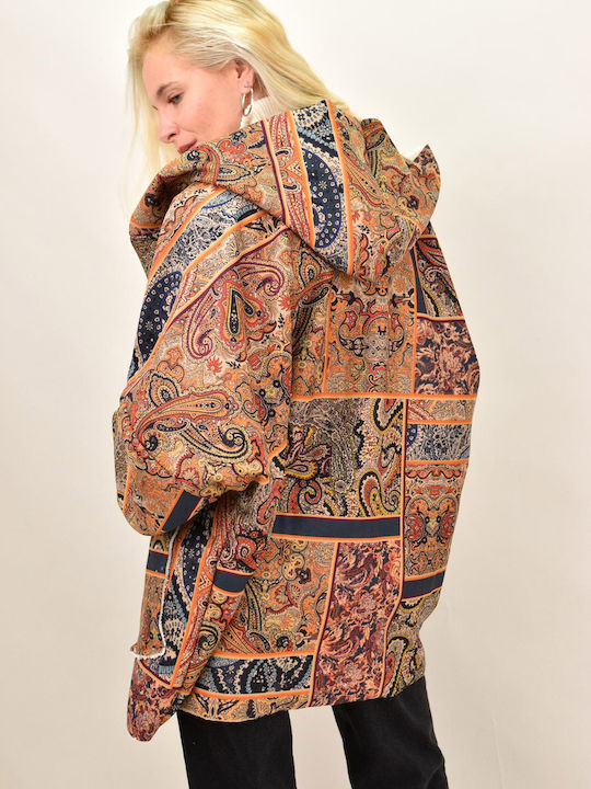 Women's Orange Coat with Hood & Fur Details