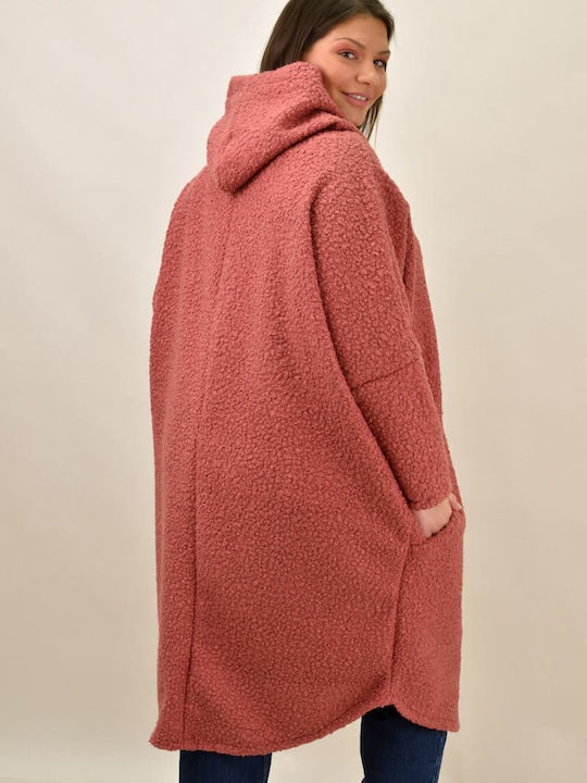 Curly Women's Pink Coat Oversized with hood
