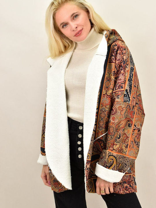 Women's Orange Coat with Hood & Fur Details