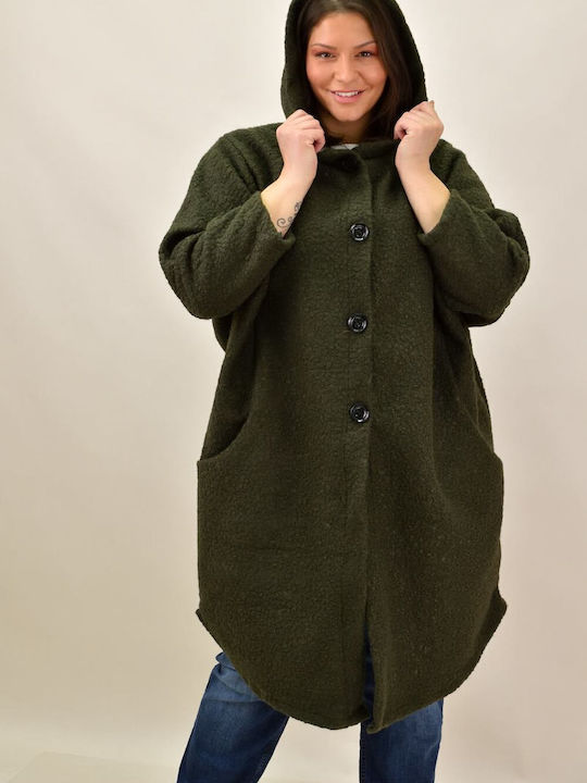Μπουκλέ Γυναικείο Χακί Παλτό Oversized με κουκούλα