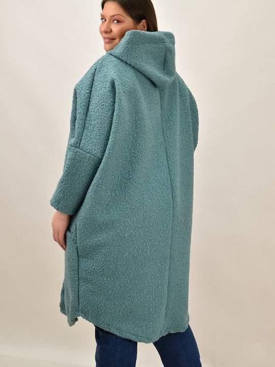 Curly Women's Green Coat Oversized with hood