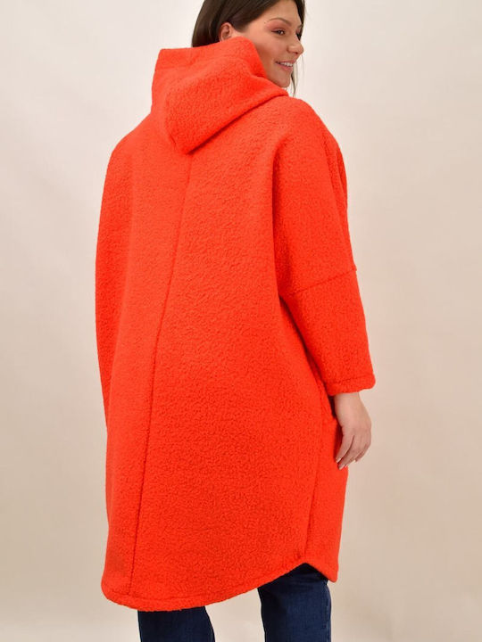Μπουκλέ Γυναικείο Πορτοκαλί Παλτό Oversized με κουκούλα