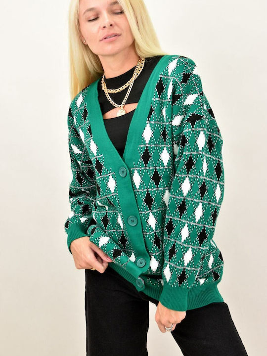 Potre Long Women's Knitted Cardigan with Buttons Green