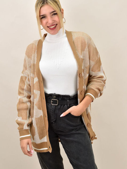 Long Women's Knitted Cardigan with Buttons Beige