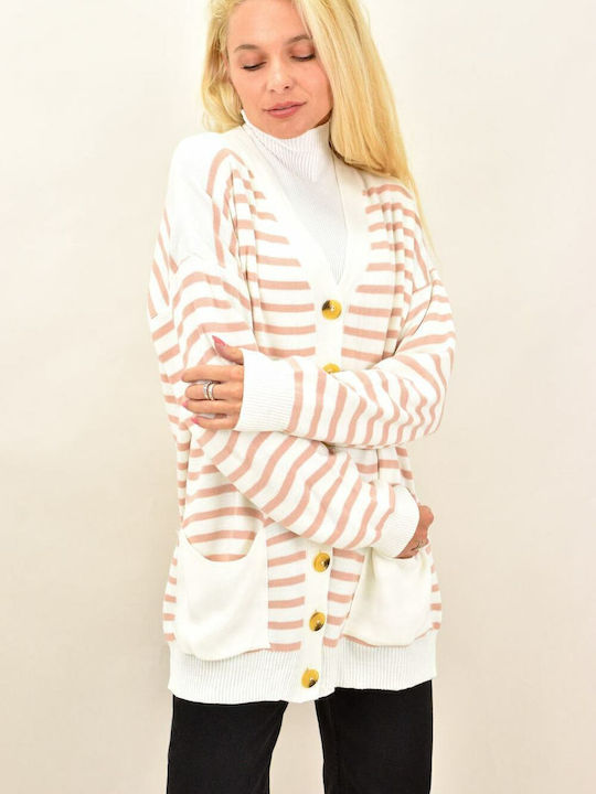 Lange Gestrickte Strickjacke für Damen mit Knöpfen Beiges