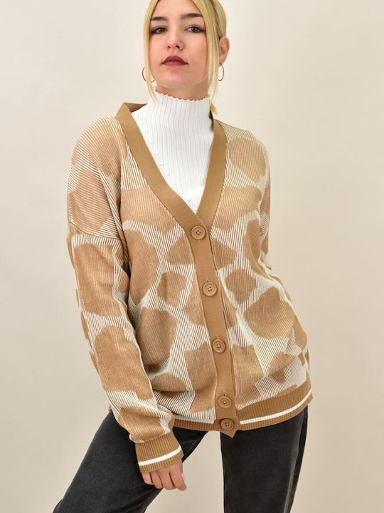 Long Women's Knitted Cardigan with Buttons Beige