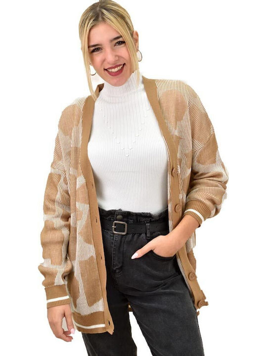 Long Women's Knitted Cardigan with Buttons Beige