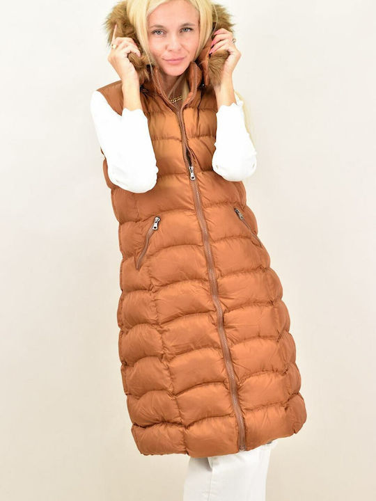 Potre Lang Damen Ärmellos Puffer Jacke mit pelziger Kapuze für Winter Braun