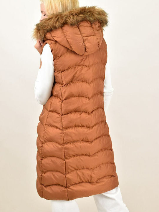 Lang Damen Ärmellos Puffer Jacke mit pelziger Kapuze für Winter Braun