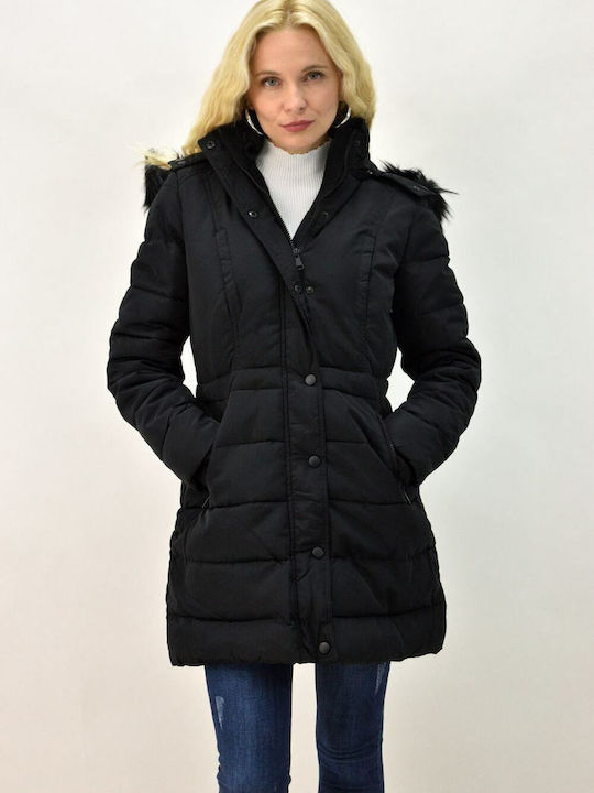 Potre Women's Long Puffer Jacket for Winter with Detachable Hood Black