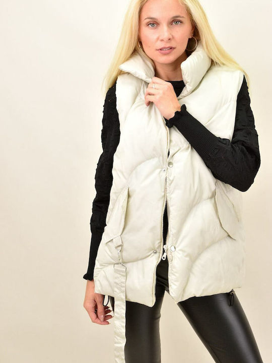 Potre Lang Damen Ärmellos Puffer Jacke für Winter Beige