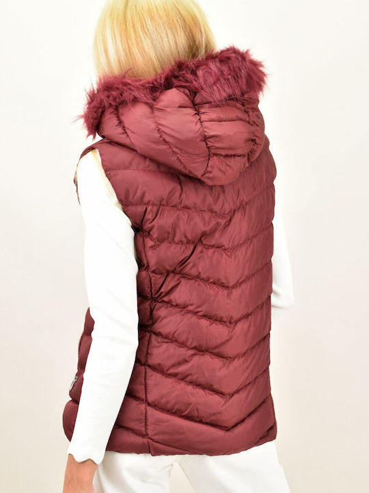 Lang Damen Ärmellos Puffer Jacke mit pelziger Kapuze für Winter Burgundisch