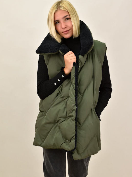 Potre Kurz Damen Ärmellos Puffer Jacke für Winter Khaki