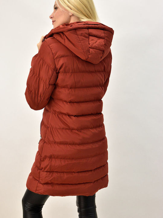 Women's Long Puffer Jacket for Winter with Detachable Hood Red