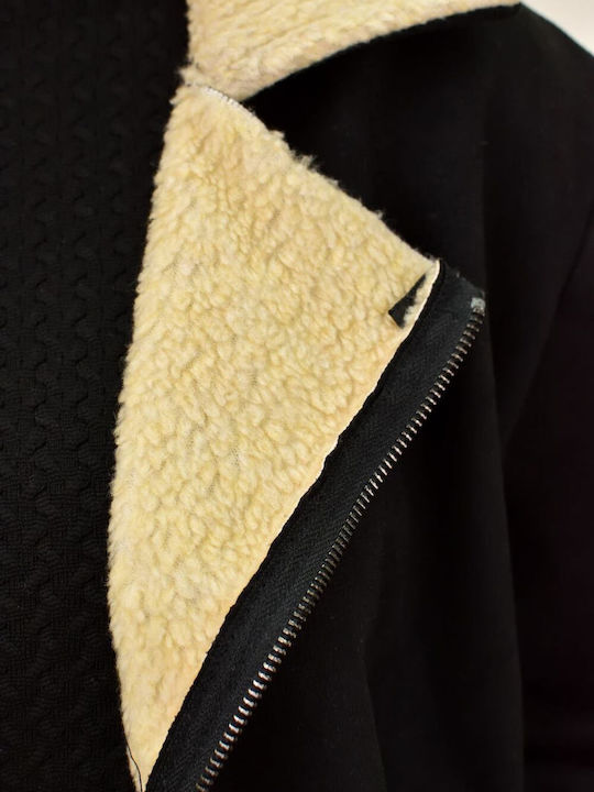 Women's Short Lifestyle Suede Jacket for Winter Black