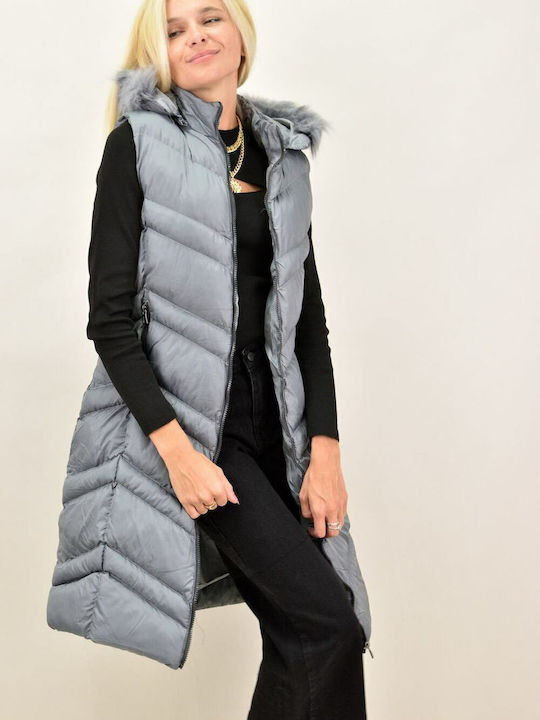 Lang Damen Ärmellos Puffer Jacke mit pelziger Kapuze für Winter Gray