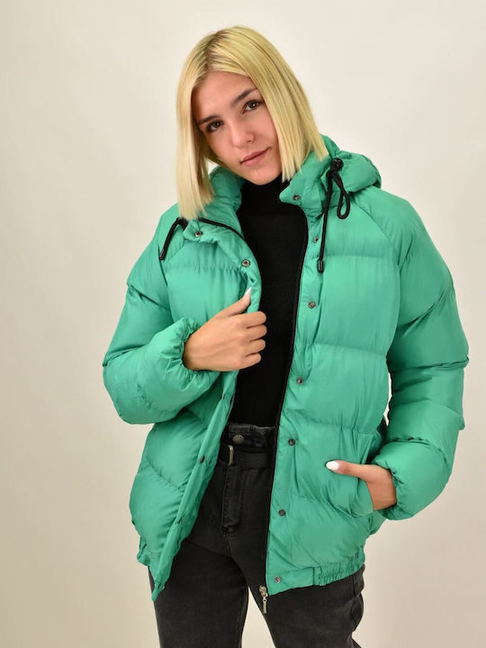 Women's Short Puffer Jacket for Winter with Hood Green
