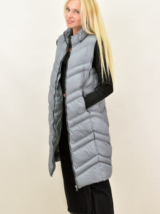 Lang Damen Ärmellos Puffer Jacke mit pelziger Kapuze für Winter Gray