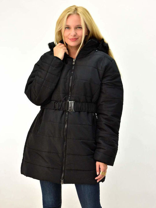 Potre Women's Short Puffer Jacket for Winter with Detachable Hood Black