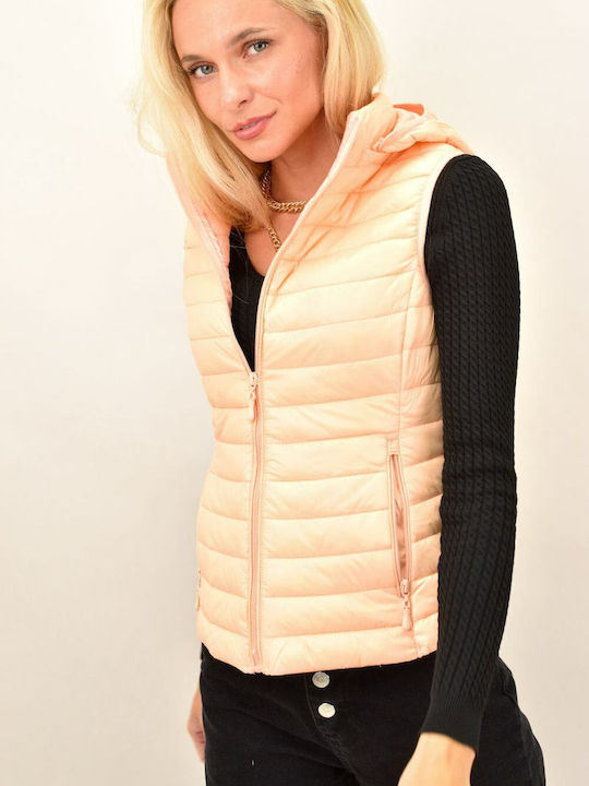 Potre Women's Short Puffer Jacket for Spring or Autumn with Detachable Hood Pink