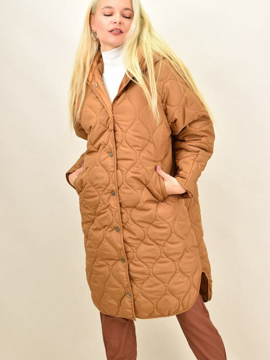 Potre Women's Long Puffer Jacket for Winter with Hood Tabac Brownc Brown