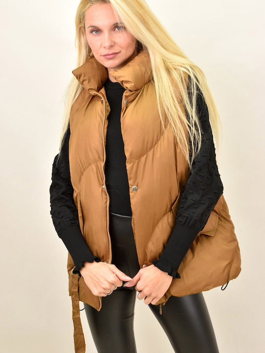 Potre Lang Damen Ärmellos Puffer Jacke für Winter Braun