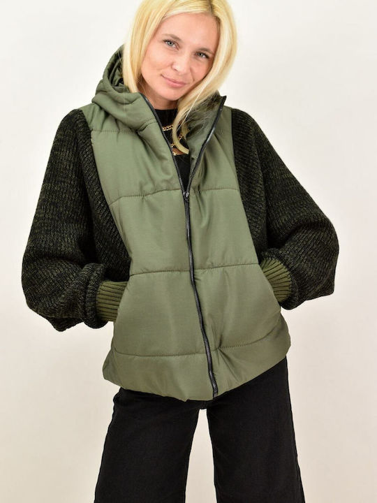 Potre Women's Short Puffer Jacket for Winter with Hood Khaki