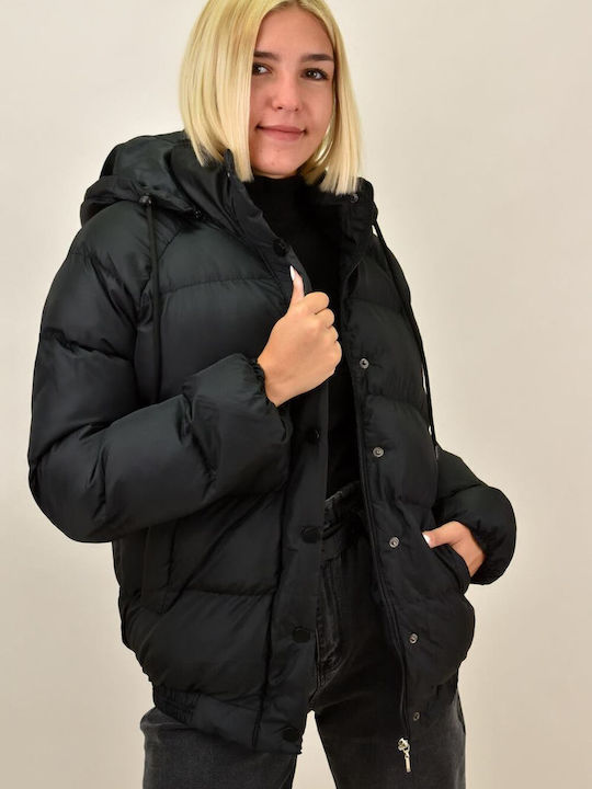 Women's Short Puffer Jacket for Winter with Hood Black