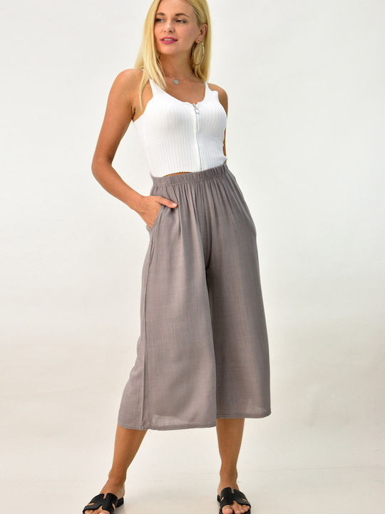 Women's High-waisted Fabric Trousers with Elastic in Straight Line Gray