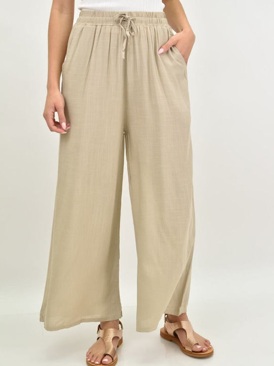 Potre Women's High Waist Linen Trousers with Elastic in Straight Line Beige