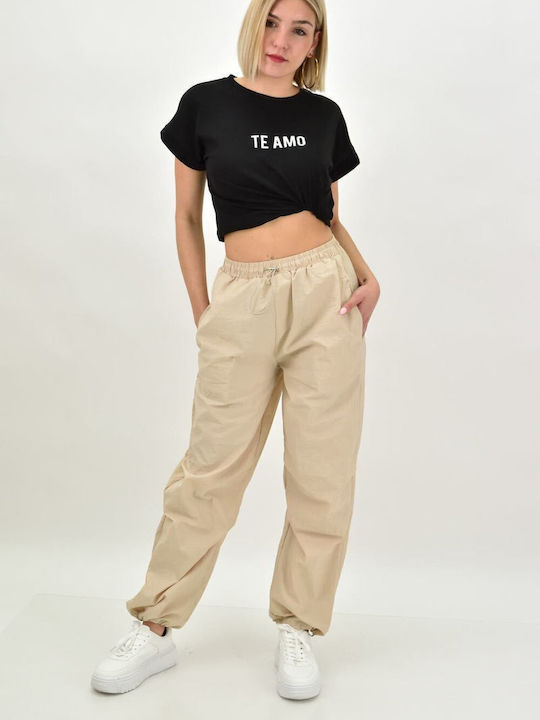 Damen Stoff Hose mit Gummizug in Weitem Schnitt Beige