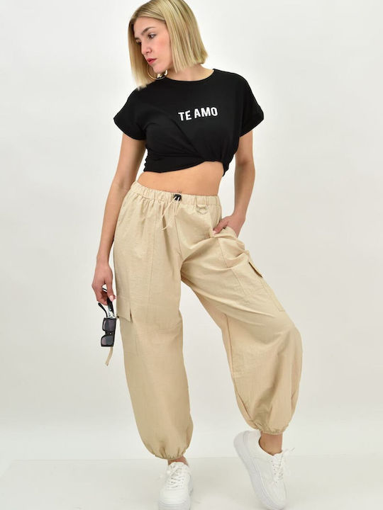 Women's Fabric Cargo Trousers with Elastic Beige