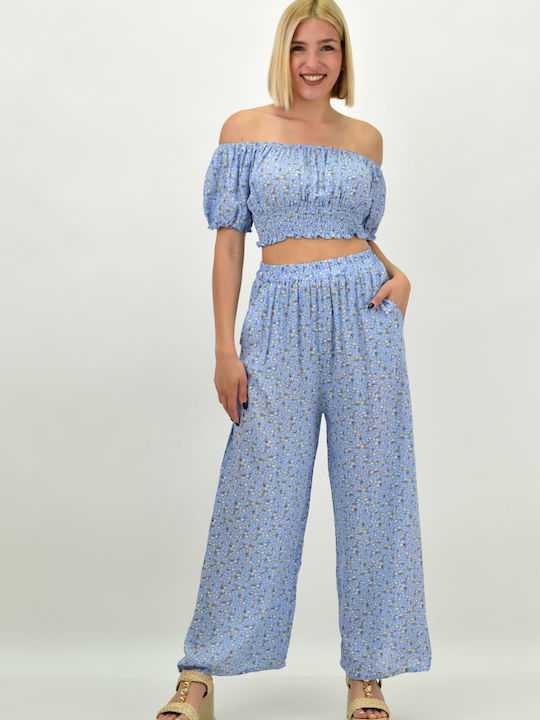 Damen Hellblau Set mit Hose Blumen