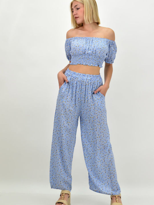 Damen Hellblau Set mit Hose Blumen