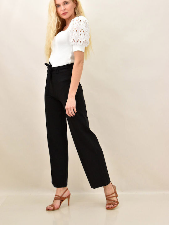 Women's High-waisted Fabric Trousers with Elastic Black
