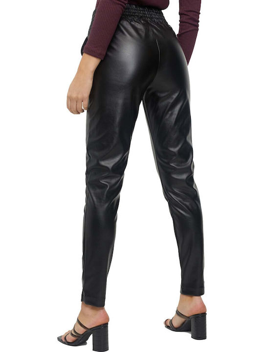 Sisters Point Women's High-waisted Leather Trousers with Elastic in Tapered Line Black