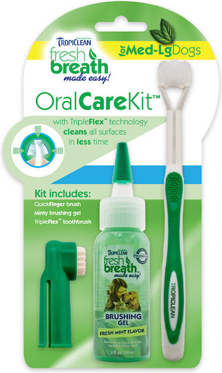 Tropiclean Fresh Breath Oral Care Kit Large Zahnpflege Set Hund gegen Mundgeruch für Große Rassen mit Geschmack Minze 59ml