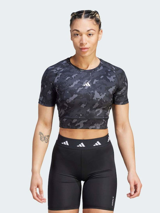 Adidas Print Γυναικείο Αθλητικό Crop Top Κοντομάνικο Fast Drying Χακί