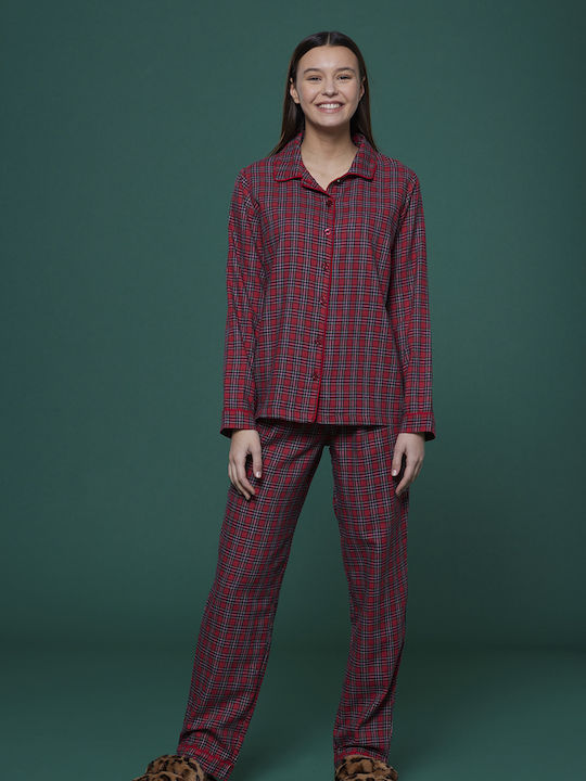 Noidinotte Winter Damen Pyjama-Set Baumwolle Rot