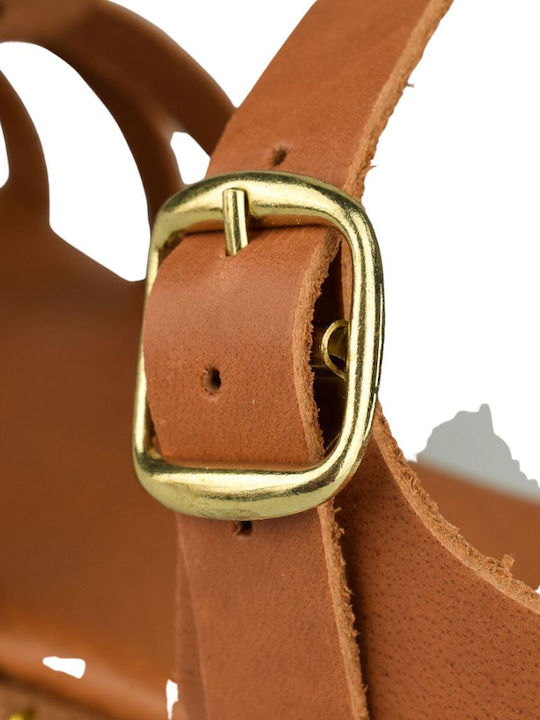 Leather Women's Flat Sandals with Strap in Tabac Brown Color
