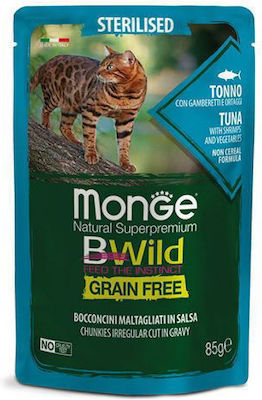 Monge Bwild Grain Free Храна за мокри котешки хранилки за възрастни кастрирани котки с Чантичка с Скариди / Зеленчуци / Треска 85гр 1бр 55070246