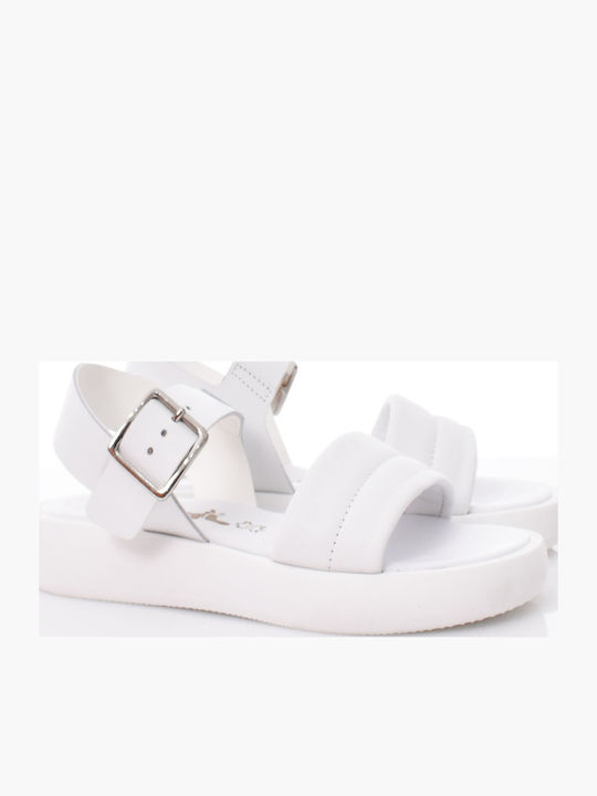 Leather Women's Flat Sandals with Strap Flatforms in White Color