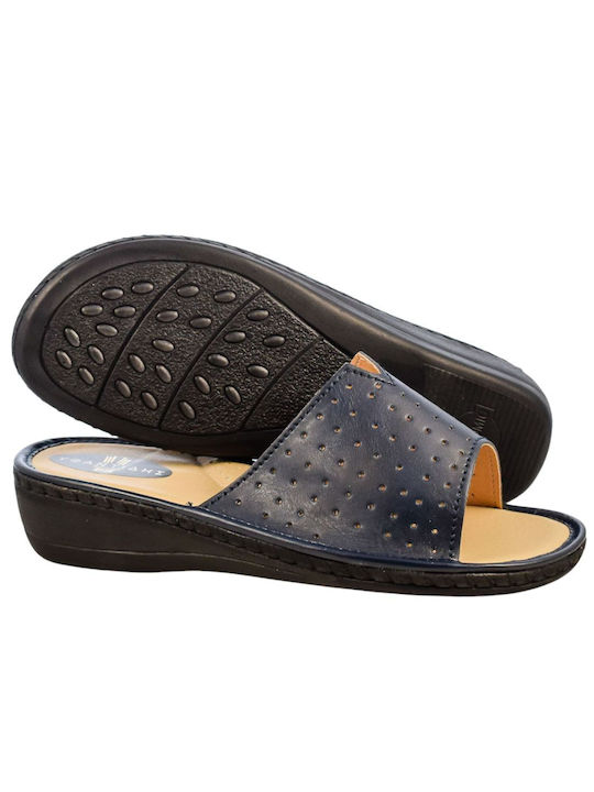 Yfantidis Leather Women's Flat Sandals Anatomic in Navy Blue Color