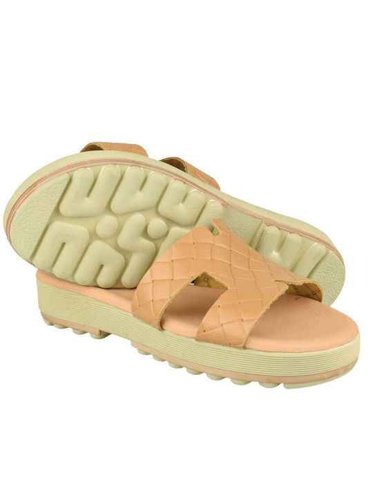 Yfantidis Leather Women's Flat Sandals in Beige Color