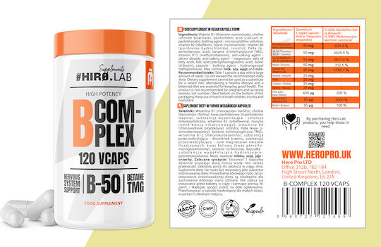 Hiro.Lab B Complex Vitamin for Energy, Immune System Boost & the Nervous System 120 veg. caps
