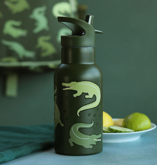 A Little Lovely Company Crocodiles Kinderflasche Thermos Rostfreier Stahl mit Strohhalm 350ml (Verschiedene Designs/Farben)